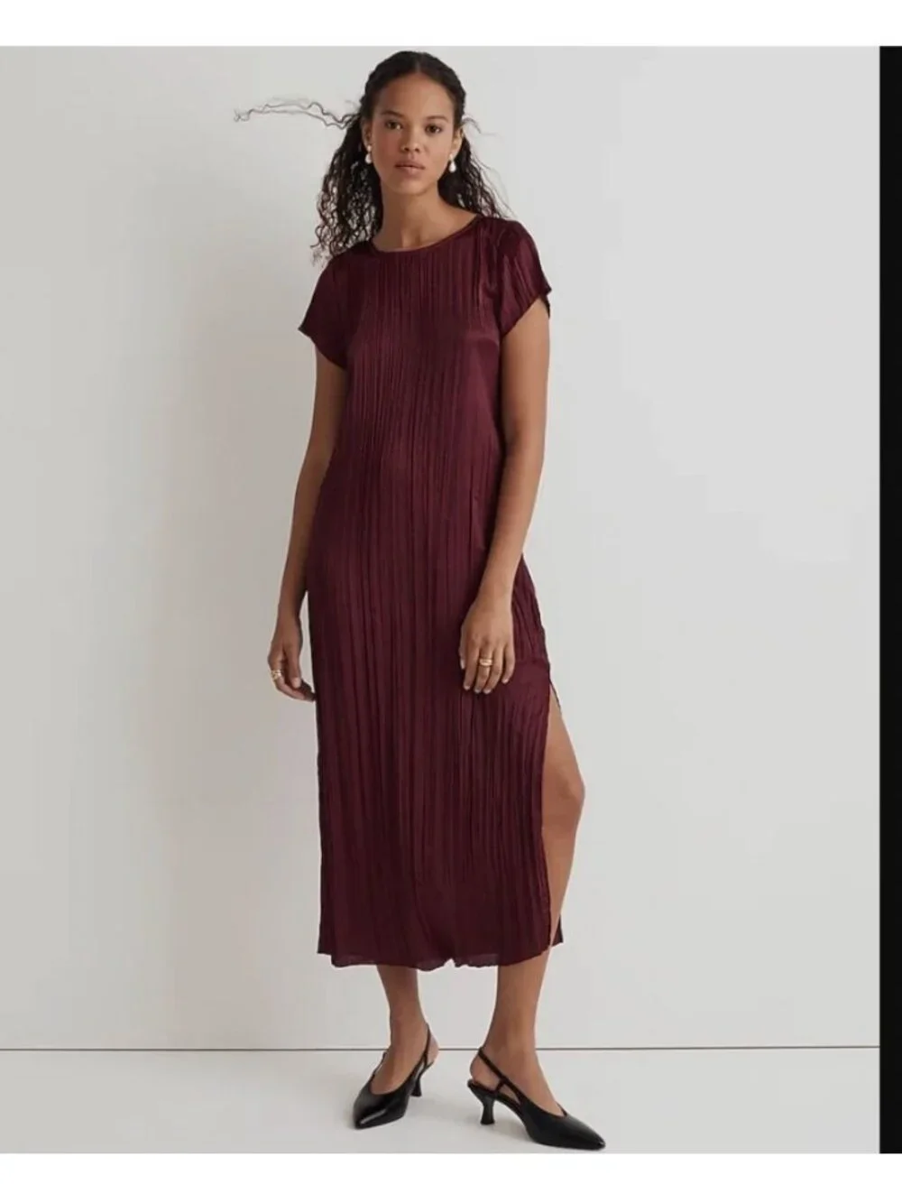 MADEWELL‎ Short-Sleeve Slip Midi Dress in Burgundy Size Medium